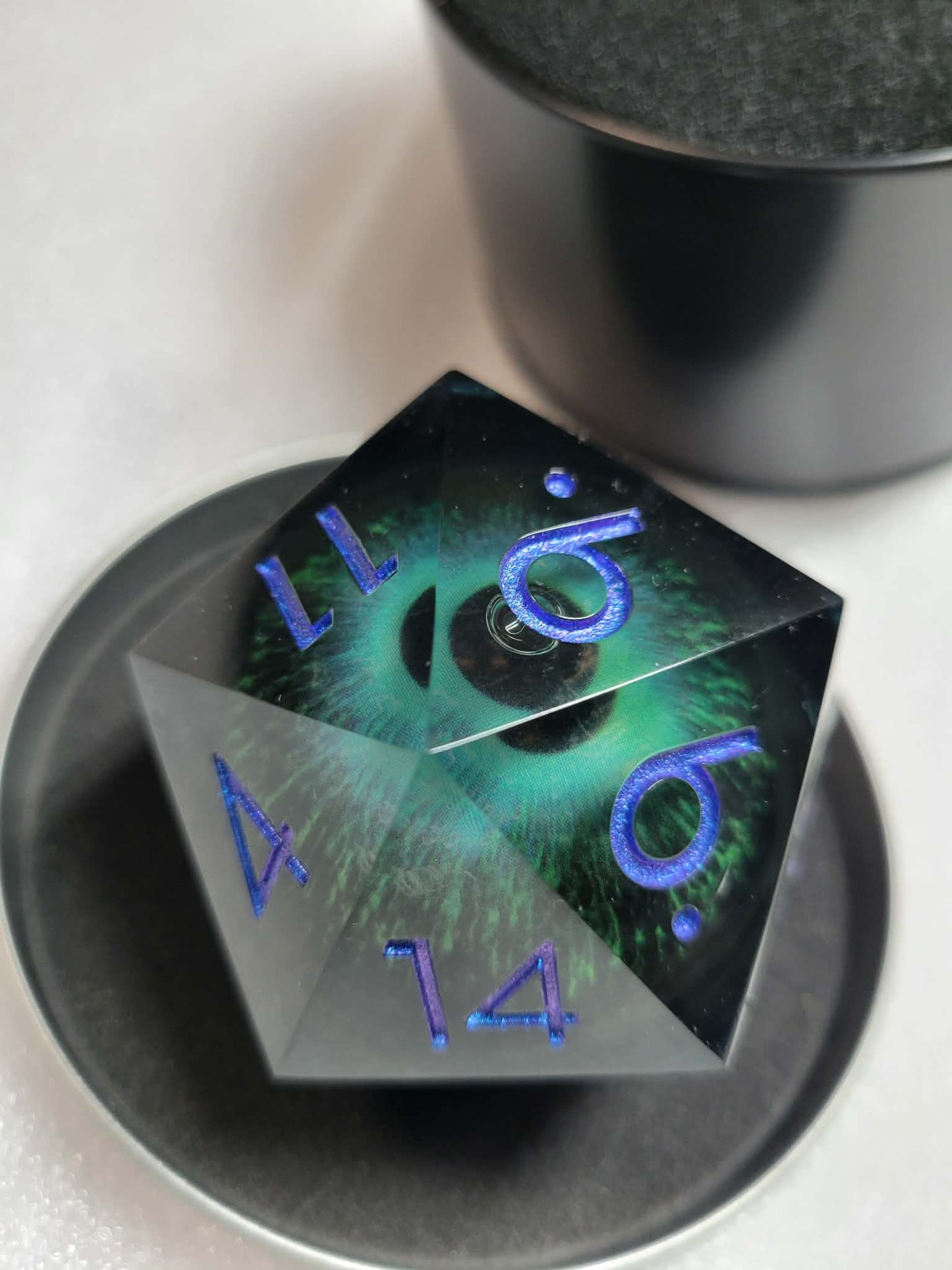 LiquidCore D20 50mm Dragon Eyeball Sharp Edge Purple, Green and Blue, Moving Eye 2" 20-sided die, Polyhedral gift, 2 inch eye die D20