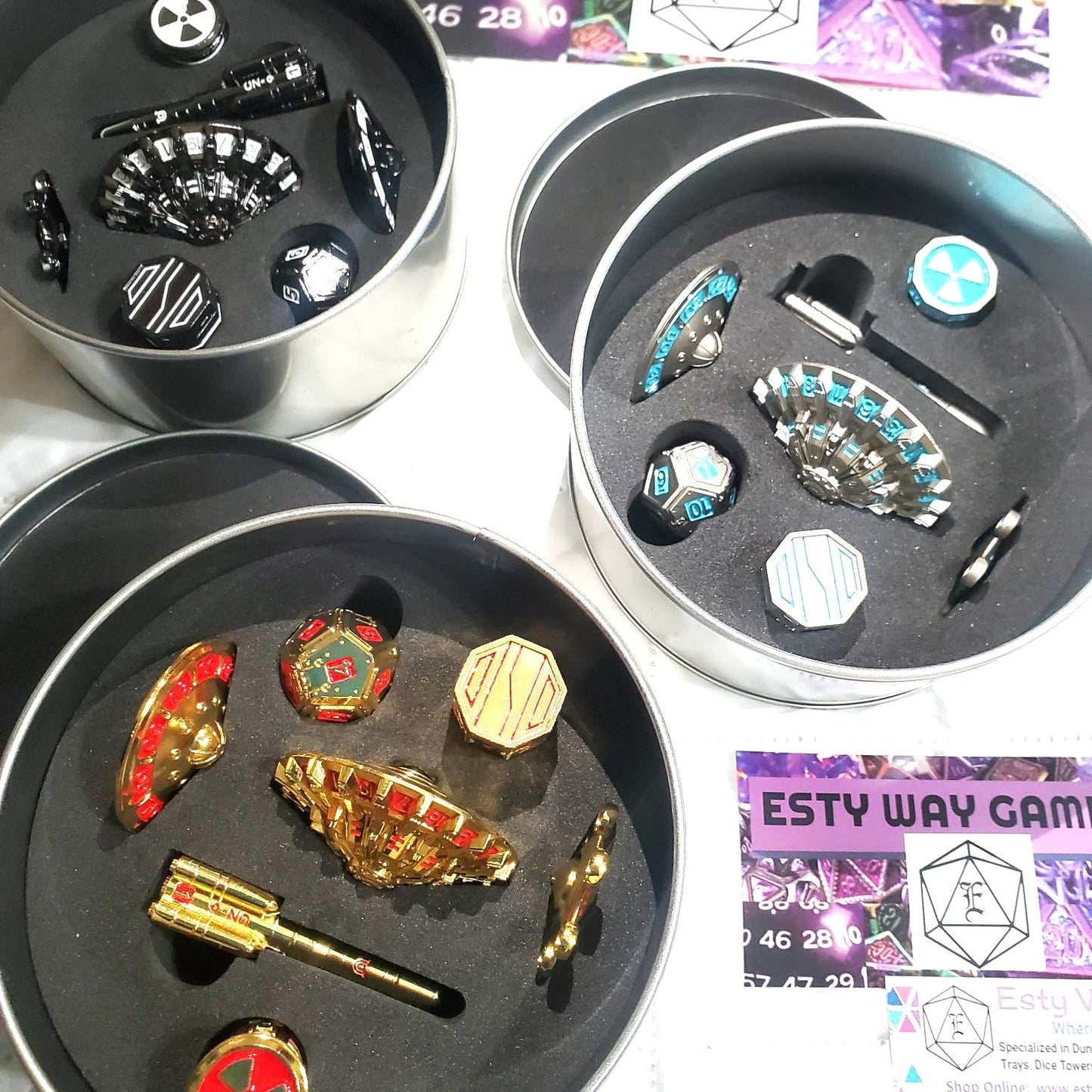 Heavy Spaceship Shiny Gold and Red 7 piece Dice Set