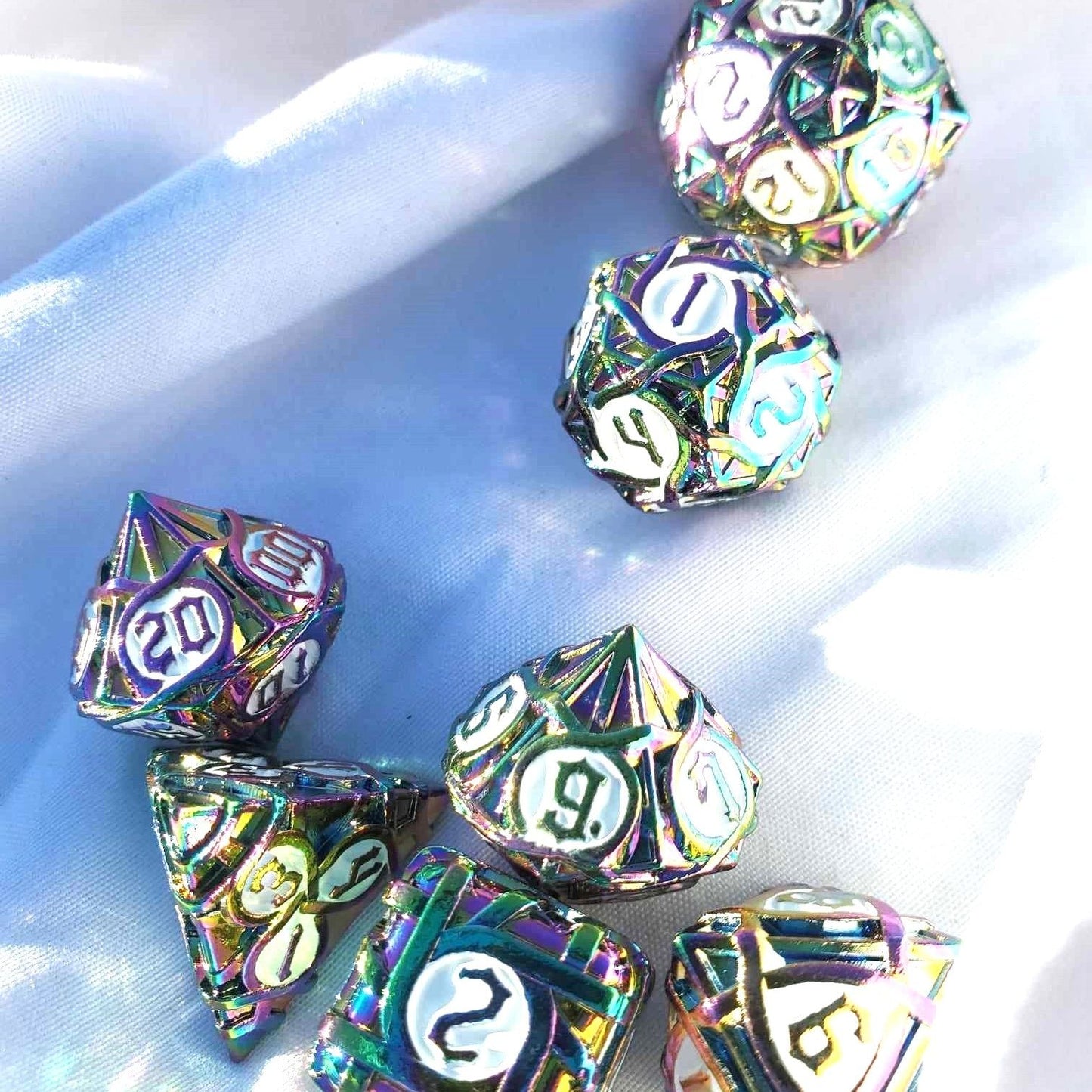 Rainbow Weave Chonky Metal Dice Set with White Inlay - Heavy, Dungeons and Dragons Dice, Unique Dice Set, D&D, Role Playing Dice Gift