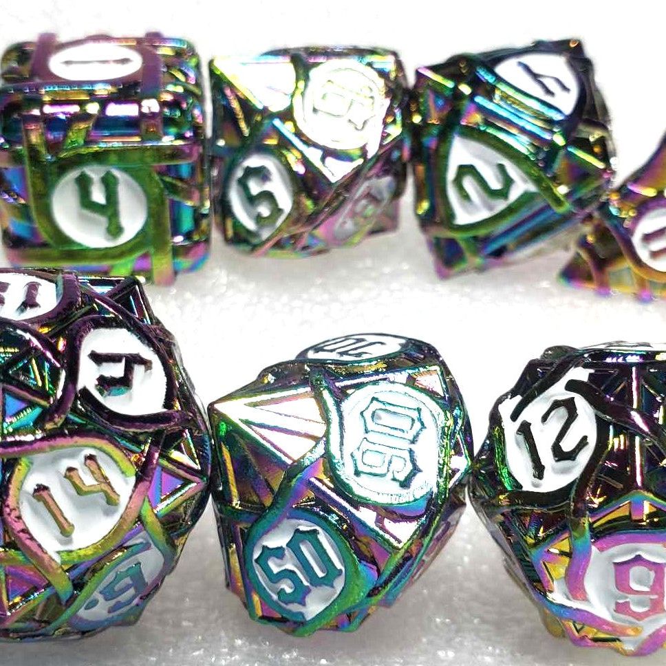 Rainbow Weave Chonky Metal Dice Set with White Inlay - Heavy, Dungeons and Dragons Dice, Unique Dice Set, D&D, Role Playing Dice Gift