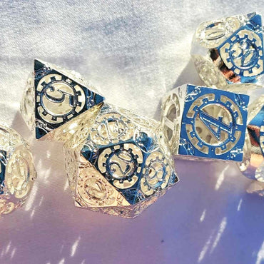 Intricate Hollow Musical Silver Dice, Unique Gaming Dice, Intricate Tabletop Dice, Roleplaying Game Accessories, Hollow Silver Dice Gift Set