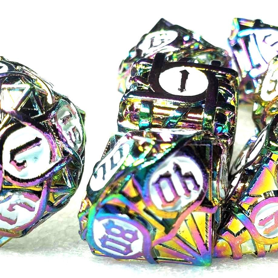 Rainbow Weave Chonky Metal Dice Set with White Inlay - Heavy, Dungeons and Dragons Dice, Unique Dice Set, D&D, Role Playing Dice Gift