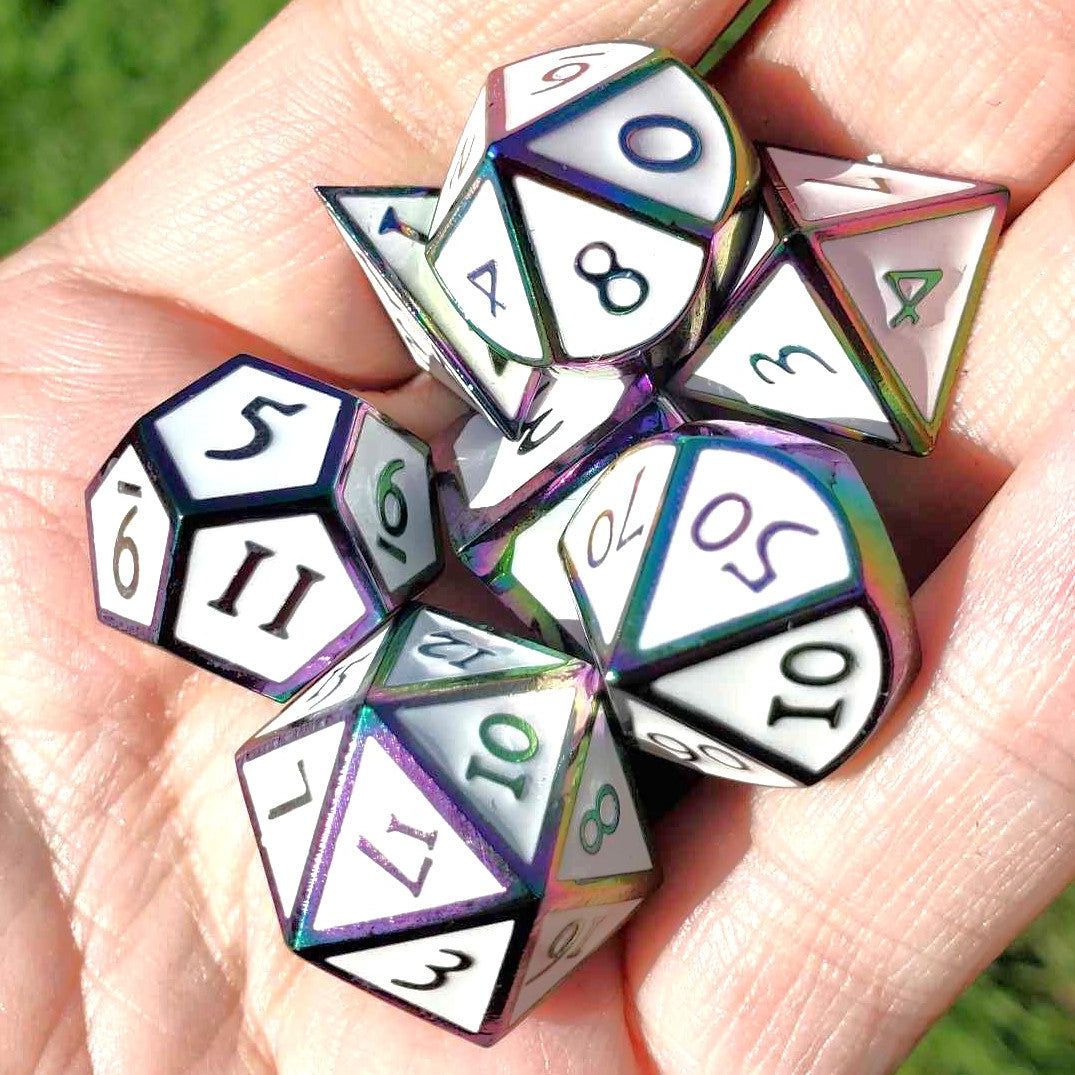 Metal White Dice Set With Rainbow Trim, Dungeons and Dragons Dice, RPG Dice Set, Polyhedral Dice Set, Roleplaying Dice, Unique Dice Set