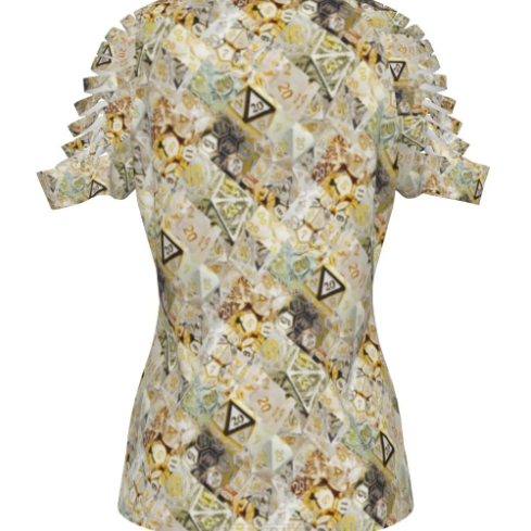 SAVE $10 NOW! Diced Up Blouse CREAM/WHITE/GOLD D&D Shirt Women's Dice Ripped Design -Sizes through 4XL