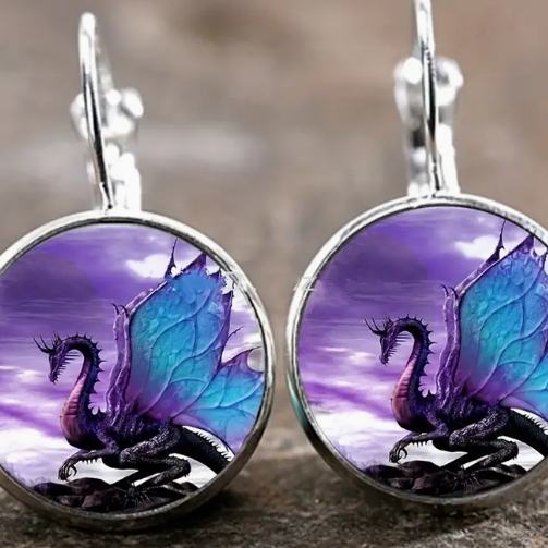 Purple and Teal Dragon Earrings Silvertone Fashion Jewelry