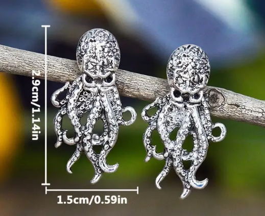 Octopus Earrings - Antique Silvertone fashion jewelry - Ear Lobe Hug 3 piece earring set