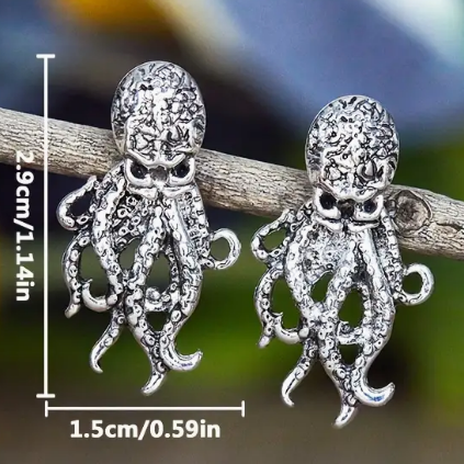 Octopus Earrings - Antique Silvertone fashion jewelry - Ear Lobe Hug 3 piece earring set