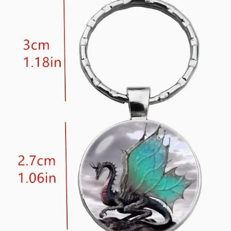 Dragon Cliff Keychain - teal, gray and red, silvertone keychain