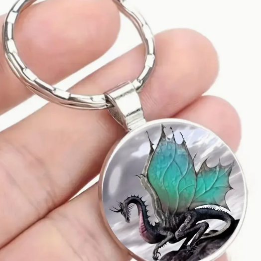 Dragon Cliff Keychain - teal, gray and red, silvertone keychain
