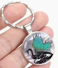 Dragon Cliff Keychain - teal, gray and red, silvertone keychain