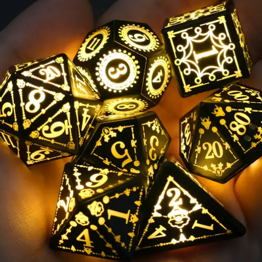 New! Light Up 7 pcs Dice Rechargable LED Black, Party DnD Dice, Dungeon Master Dice, Gift D&D Player Lite Up Dice, Lit Dice Set, LED D&D Dice