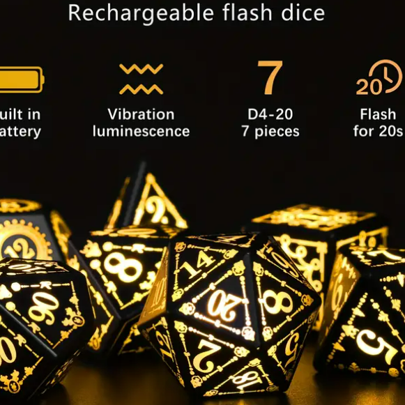 New! Light Up 7 pcs Dice Rechargable LED Black, Party DnD Dice, Dungeon Master Dice, Gift D&D Player Lite Up Dice, Lit Dice Set, LED D&D Dice