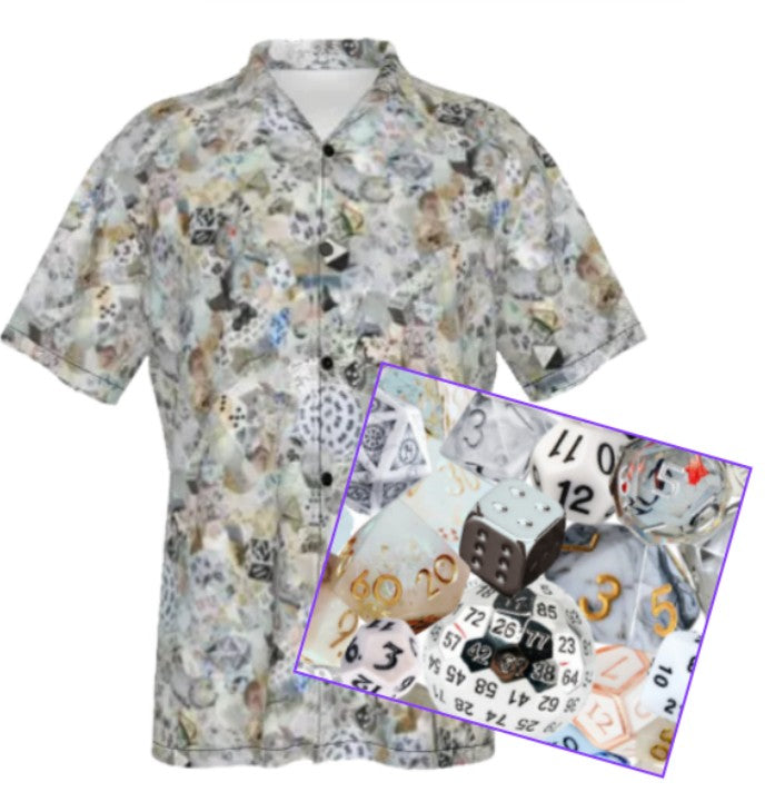 New! White Collage Hawaiian Shirt, Mens Dice DnD, RPG, Gaming Shirt, Gift for DnD Player, Fun RPG Shirt, DM Wedding Gift, DnD Wedding, rpg Gift - Fits Great!