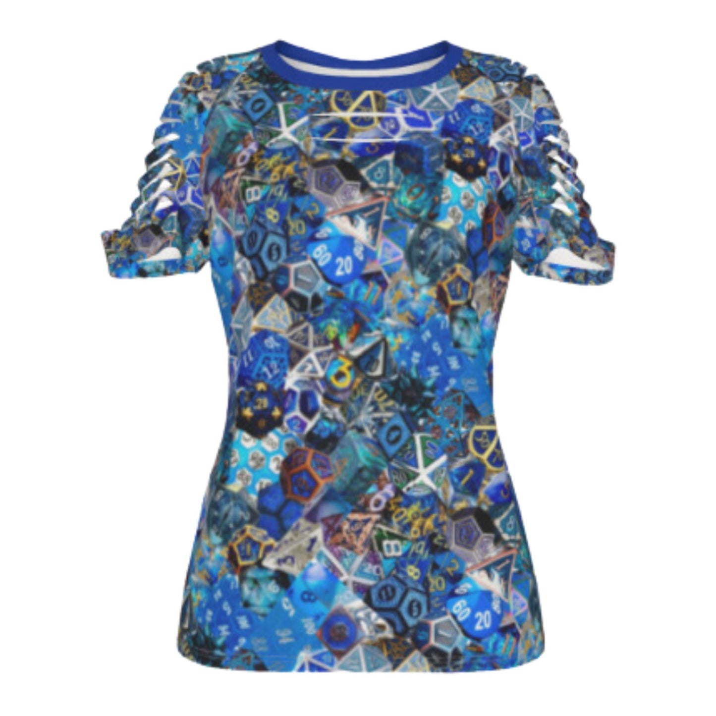 SAVE $10 NOW! Diced Up Blouse BLUE D&D Shirt Women's Dice Ripped Design -Sizes through 4XL