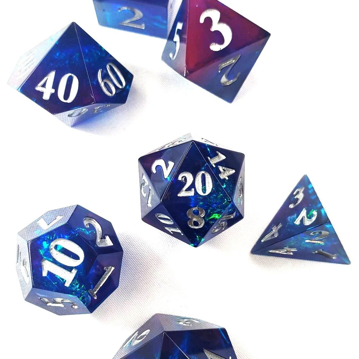Sharp Edge Blue Dice, Metallic Glimmer Center, Silver Numbers Dice Set, Board Game Accessory, Tabletop Game, Collectible Dice, Gift for Her