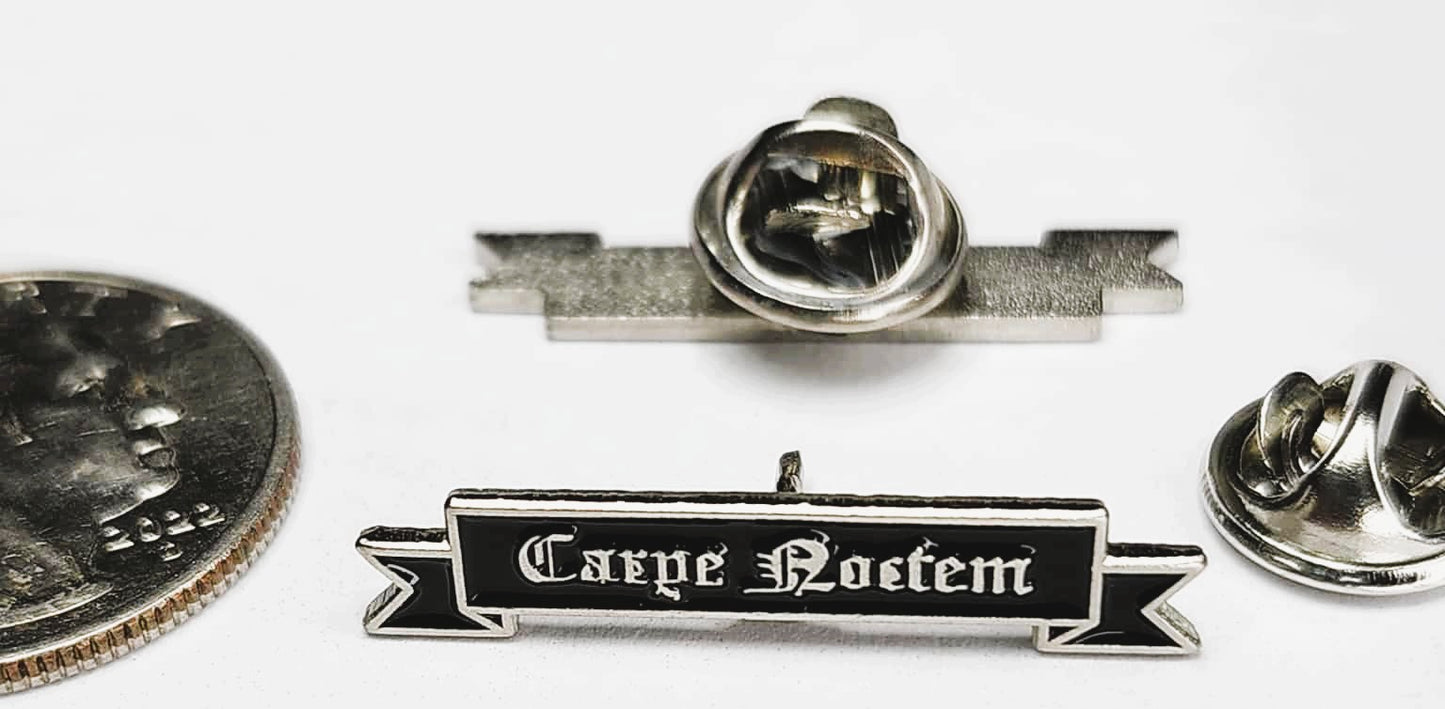Carpe Noctem Banner Pin, 1.5" x 1/4". Gift RPG Gamer, Fashion Lapel D&D Pin, Accessory Gamer Pin, Gift for Gamer Friend. Sieze the Night Pin