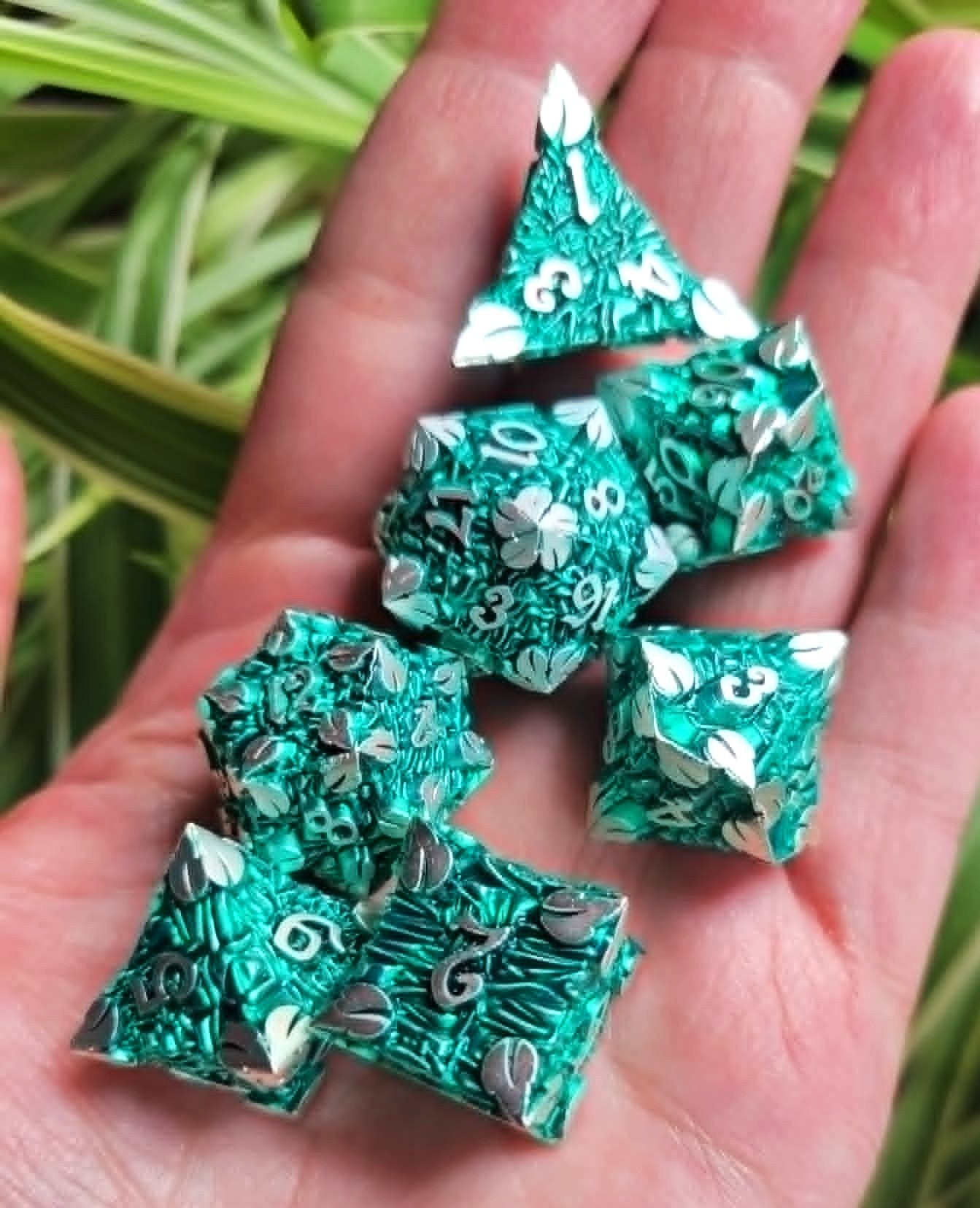 New! DND Metal Dice Set Teal Silver Leaf Fantasy RPG Game Polyhedral Dice Gift for TTRPG Lover Dungeon Masters, Tabletop Gamers, Nature Lovers