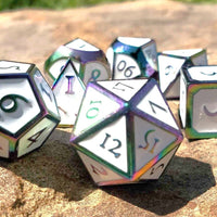 Metal White Dice Set With Rainbow Trim, Dungeons and Dragons Dice, RPG Dice Set, Polyhedral Dice Set, Roleplaying Dice, Unique Dice Set