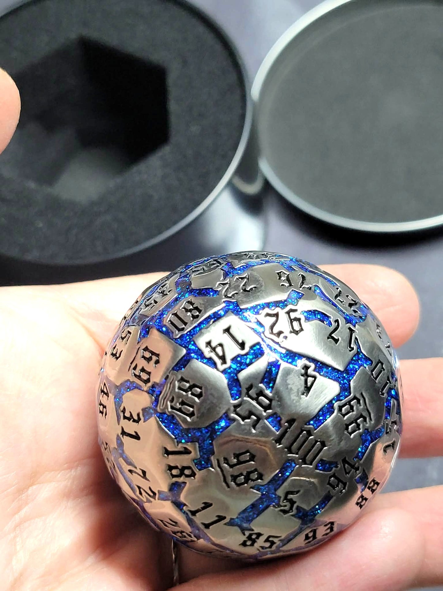 New! Brilliant 15 ounce - Solid Metal Single Piece D100 in Silver with Blue Cracked River, Mesmerizing Blue Glitter D100, In Padded Case