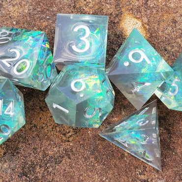 Sharp Edge Glimmer Green Resin Dice Set with Silver Numbering