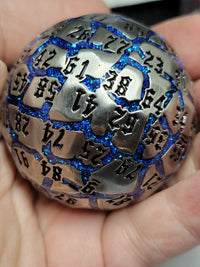 New! Brilliant 15 ounce - Solid Metal Single Piece D100 in Silver with Blue Cracked River, Mesmerizing Blue Glitter D100, In Padded Case