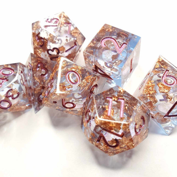 Sharp Edge Opal LiquidCore Center with Copper Flake and Wine Colored Numbering Dice Set