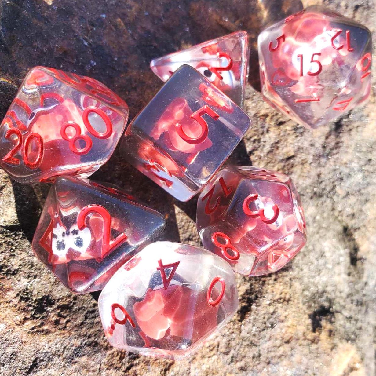 Red Shy Guy Greaper Transluscent Resin D&D Dice 7 pc set