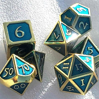 New! Teal and Gold Trim Glimmer Dice Set - 7 pieces, Dungeons and Dragons, Solid Heavy Metal Dice, Unique Dice Collection, DnD Dice Gift Set