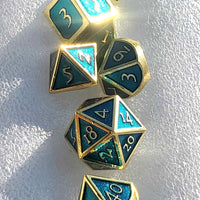 New! Teal and Gold Trim Glimmer Dice Set - 7 pieces, Dungeons and Dragons, Solid Heavy Metal Dice, Unique Dice Collection, DnD Dice Gift Set