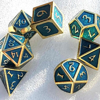 New! Teal and Gold Trim Glimmer Dice Set - 7 pieces, Dungeons and Dragons, Solid Heavy Metal Dice, Unique Dice Collection, DnD Dice Gift Set