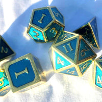 New! Teal and Gold Trim Glimmer Dice Set - 7 pieces, Dungeons and Dragons, Solid Heavy Metal Dice, Unique Dice Collection, DnD Dice Gift Set