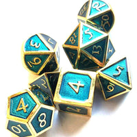 New! Teal and Gold Trim Glimmer Dice Set - 7 pieces, Dungeons and Dragons, Solid Heavy Metal Dice, Unique Dice Collection, DnD Dice Gift Set