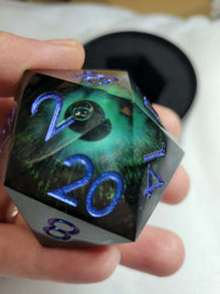 LiquidCore D20 50mm Dragon Eyeball Sharp Edge Purple, Green and Blue,  Moving Eye 2" 20-sided die, Polyhedral gift, 2 inch eye die D20