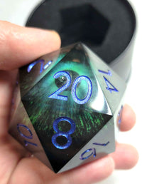 LiquidCore D20 50mm Dragon Eyeball Sharp Edge Purple, Green and Blue,  Moving Eye 2" 20-sided die, Polyhedral gift, 2 inch eye die D20
