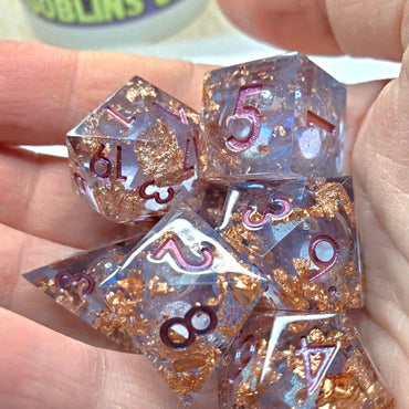 Sharp Edge Opal LiquidCore Center with Copper Flake and Wine Colored Numbering Dice Set