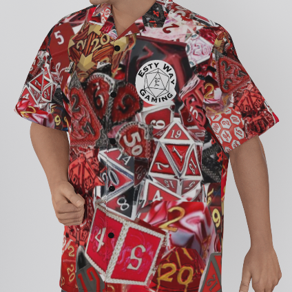 New! Dice Collage Shirt - Red / Gold / Silver -  Mens Hawaiian Shirt w/ Esty Way Gaming logo, Time to Represent! Through 6XL Tall!