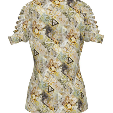 Diced Up Blouse CREAM/WHITE/GOLD D&D Shirt Women's Dice Ripped Design -Sizes through 4XL