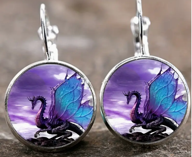 Purple and Teal Dragon Earrings Silvertone Fashion Jewelry