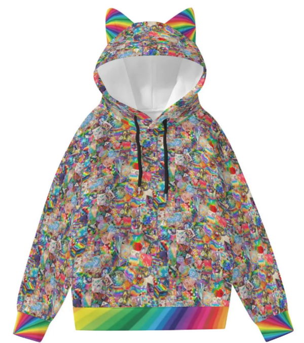 New! Dice Collage Cat Ear HOODIE - RAINBOW - Mixed D&D Dice, Sizing to 6XL, Long Sleeve Hoodie Pocket, Gift For Friend, Rainbow Pullover