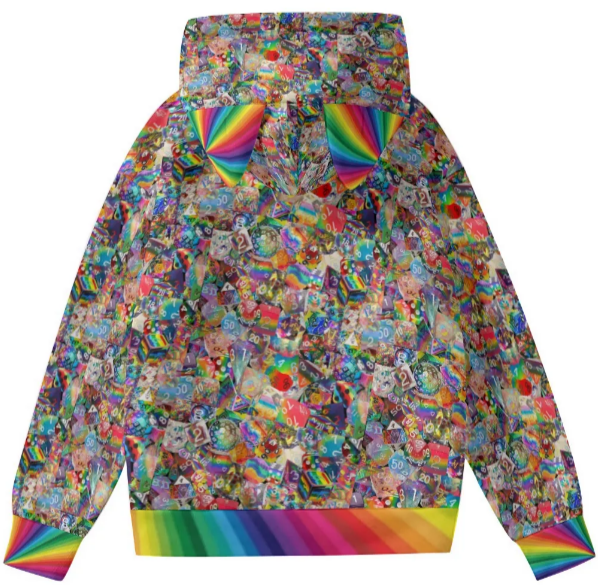 New! Dice Collage Cat Ear HOODIE - RAINBOW - Mixed D&D Dice, Sizing to 6XL, Long Sleeve Hoodie Pocket, Gift For Friend, Rainbow Pullover