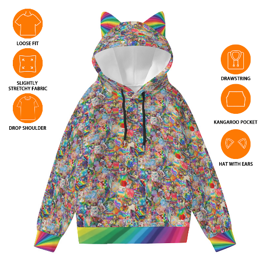 New! Dice Collage Cat Ear HOODIE - RAINBOW - Mixed D&D Dice, Sizing to 6XL, Long Sleeve Hoodie Pocket, Gift For Friend, Rainbow Pullover