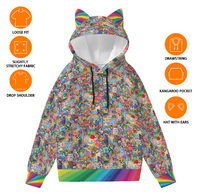 New! Dice Collage Cat Ear HOODIE - RAINBOW - Mixed D&D Dice, Sizing to 6XL, Long Sleeve Hoodie Pocket, Gift For Friend, Rainbow Pullover