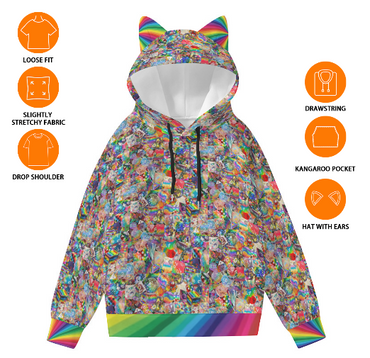New! Dice Collage Cat Ear HOODIE - RAINBOW - Mixed D&D Dice, Sizing to 6XL, Long Sleeve Hoodie Pocket, Gift For Friend, Rainbow Pullover