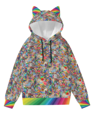 New! Dice Collage Cat Ear HOODIE - RAINBOW - Mixed D&D Dice, Sizing to 6XL, Long Sleeve Hoodie Pocket, Gift For Friend, Rainbow Pullover