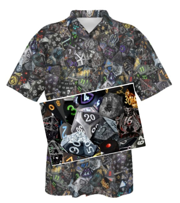 New! Black Collage Hawaiian Shirt, Mens Dice DnD, RPG, Gaming Shirt, Gift for DnD Player, Fun Shirt, DM Wedding Gift, DnD Wedding, rpg Gift