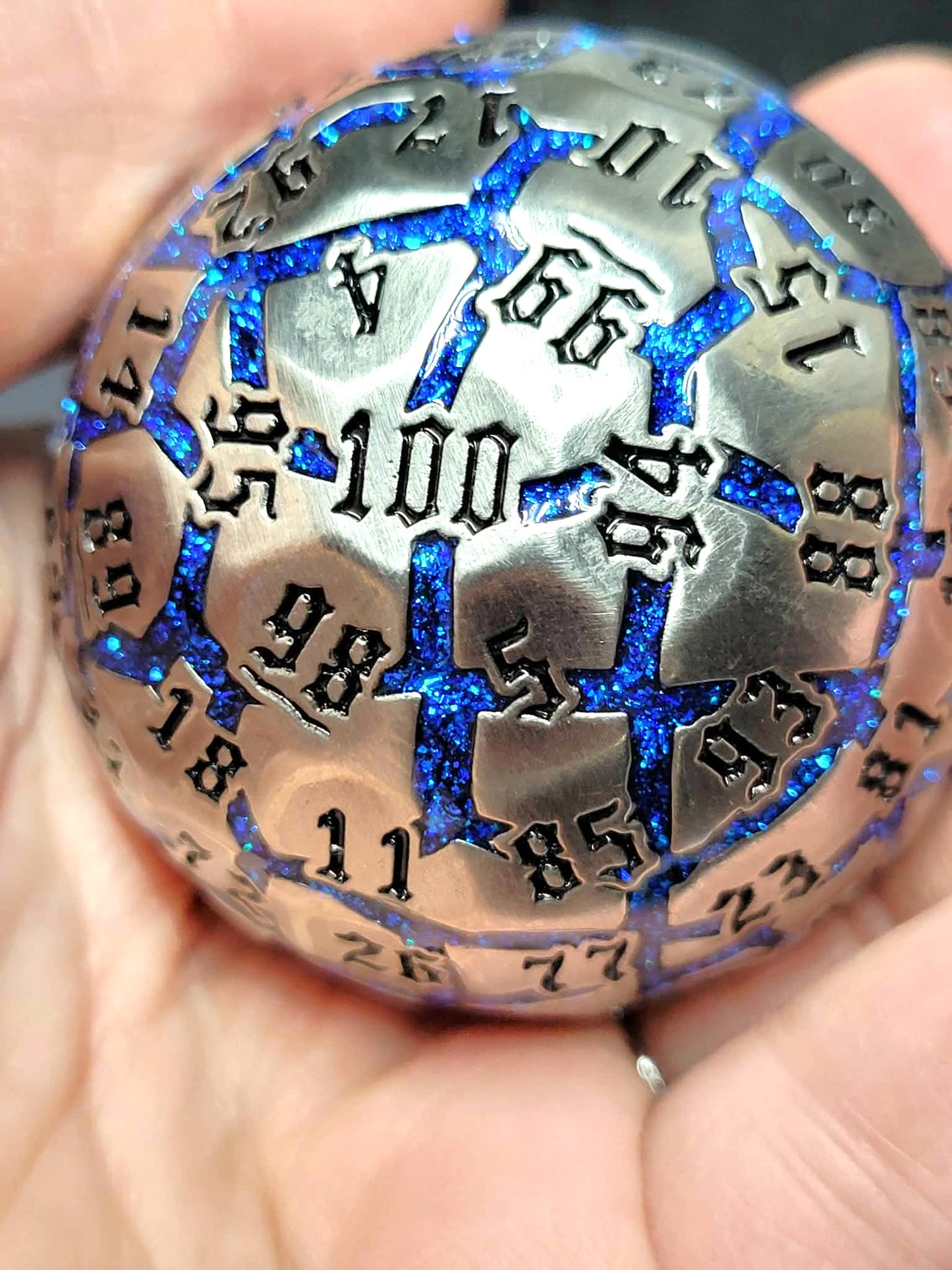 New! Brilliant 15 ounce - Solid Metal Single Piece D100 in Silver with Blue Cracked River, Mesmerizing Blue Glitter D100, In Padded Case