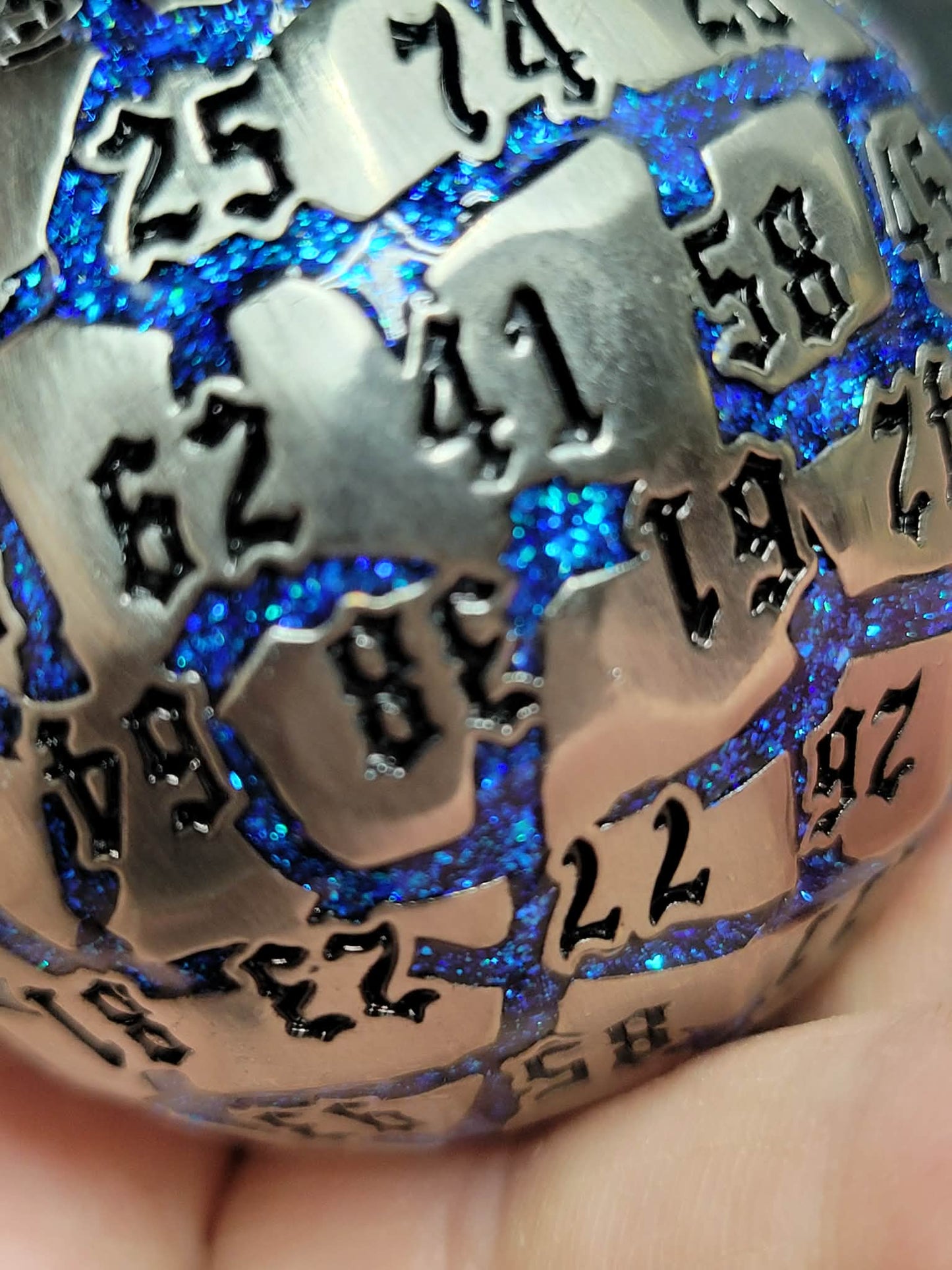 New! Brilliant 15 ounce - Solid Metal Single Piece D100 in Silver with Blue Cracked River, Mesmerizing Blue Glitter D100, In Padded Case