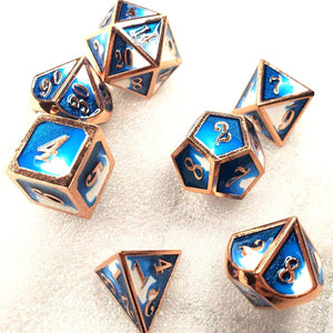 New! Blue Swirl Rose Gold Trim, Solid Metal Dice Set