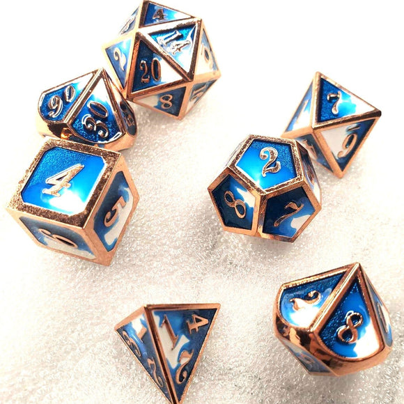 New! Blue Swirl Rose Gold Trim, Solid Metal Dice Set