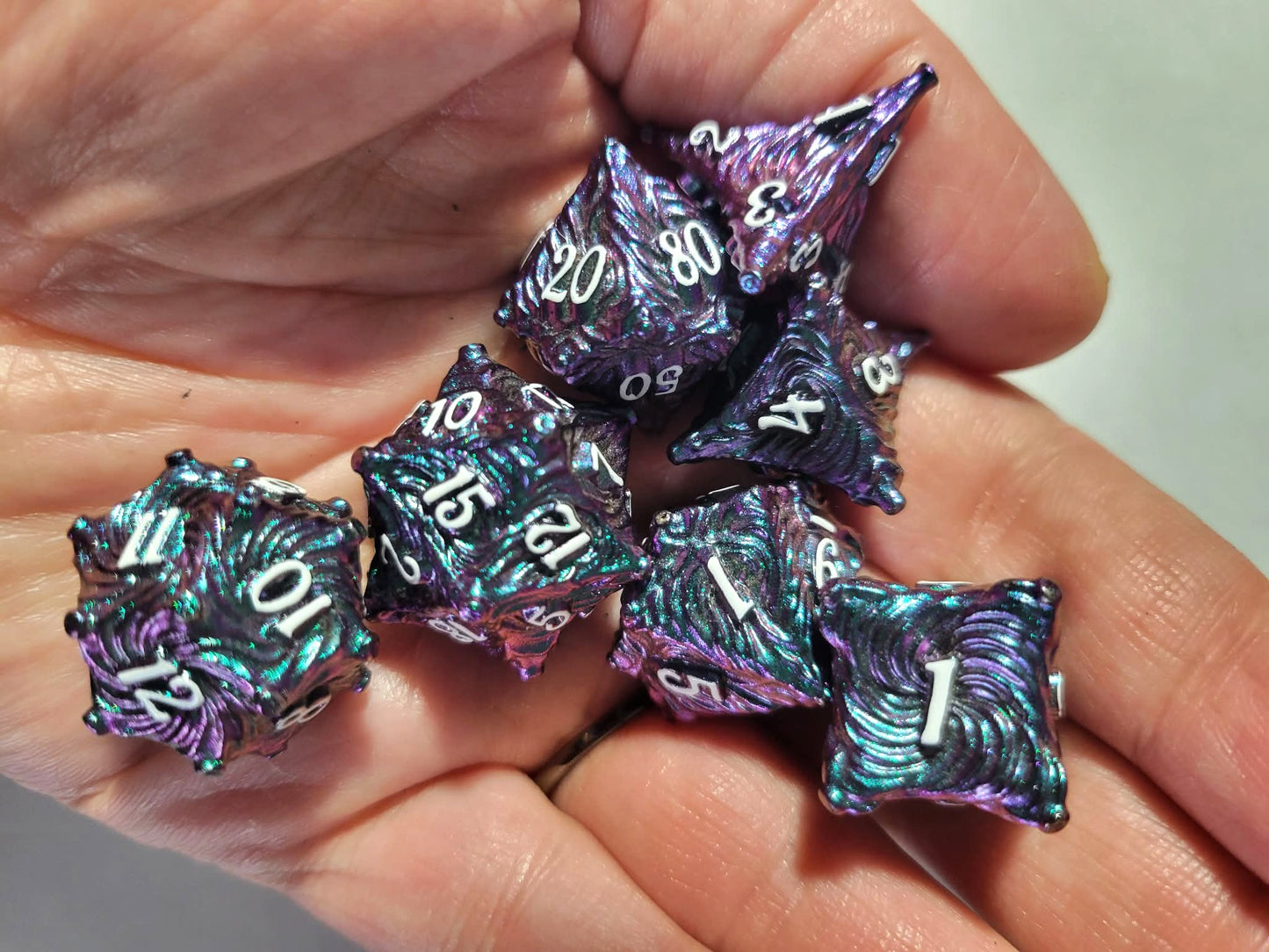 DND Metal Dice Set Purple Teal Iridescent Polyhedral RPG Dice Gift for TTRPG Lovers and Dungeon Masters, Great for Tabletop Gamers